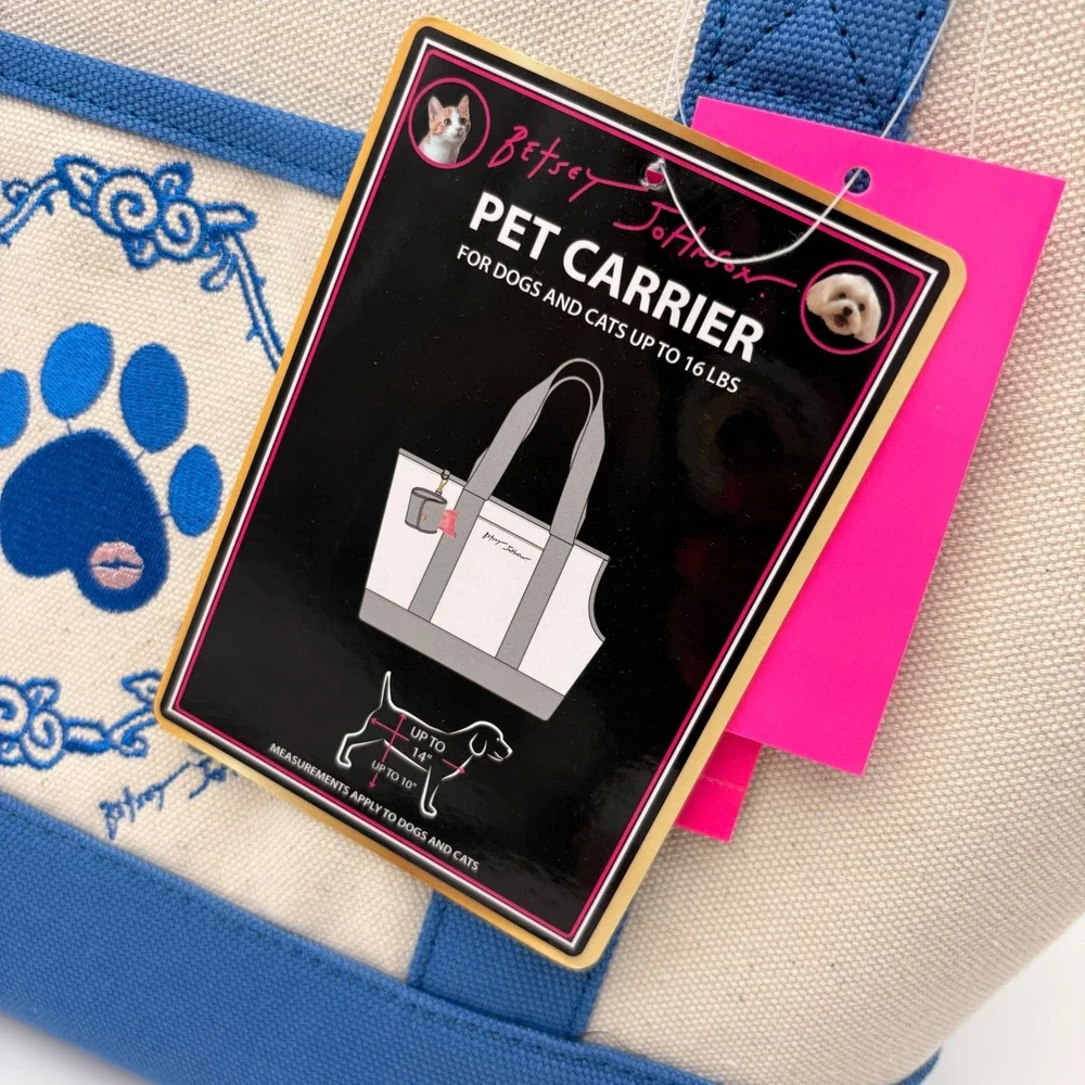 Betsey Johnson Navy Cream Canvas Embroidery Pet Carrier Tote Bag Dog Lover